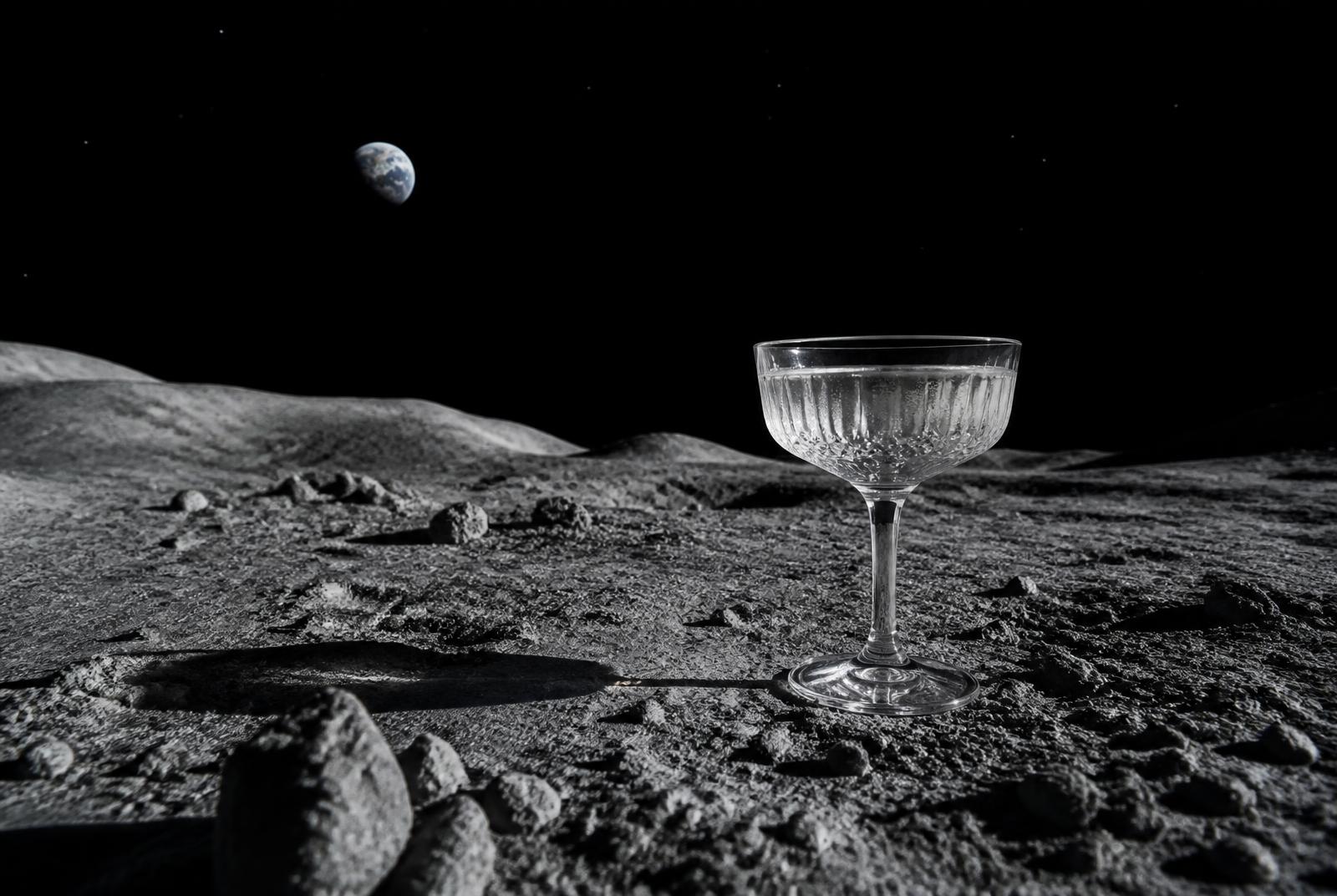 A crystal coupe cocktail standing on grey lunar terrain beneath a black sky